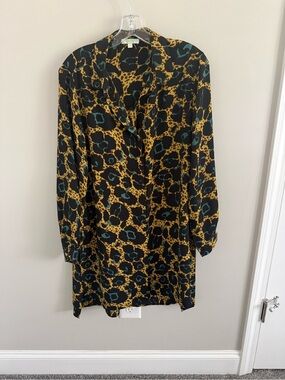 Animal Print Button-Up Tunic Dress in Black, Mustard & Teal